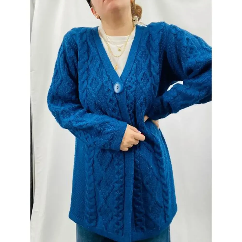 Arancrafts L blue 100% wool cable‎ knit single button long cardigan sweater